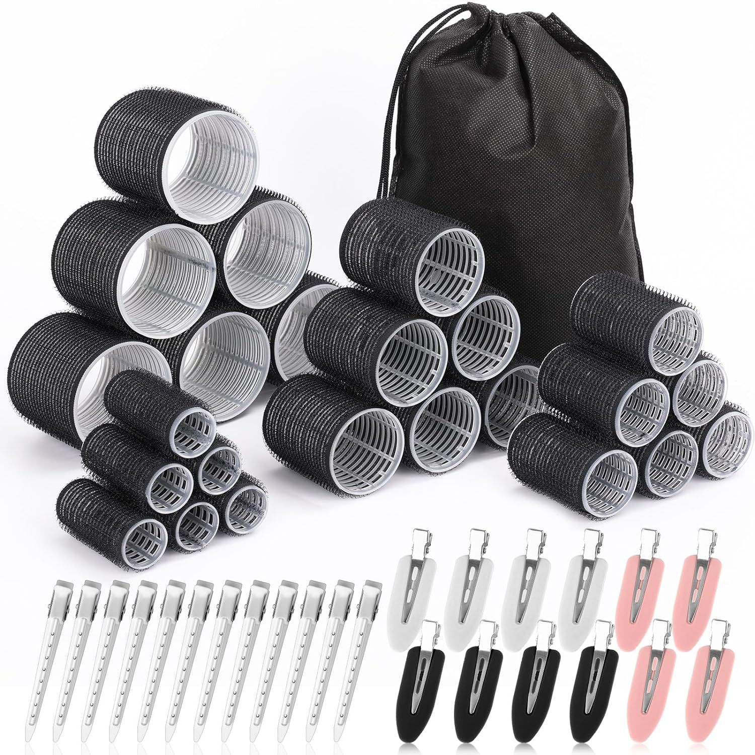 Black 49-Piece Pink Plastic Hair Rollers Set with Clips and Storage Bag for