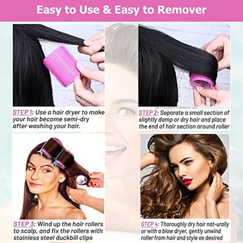 Black 49-Piece Pink Plastic Hair Rollers Set with Clips and Storage Bag for view 2