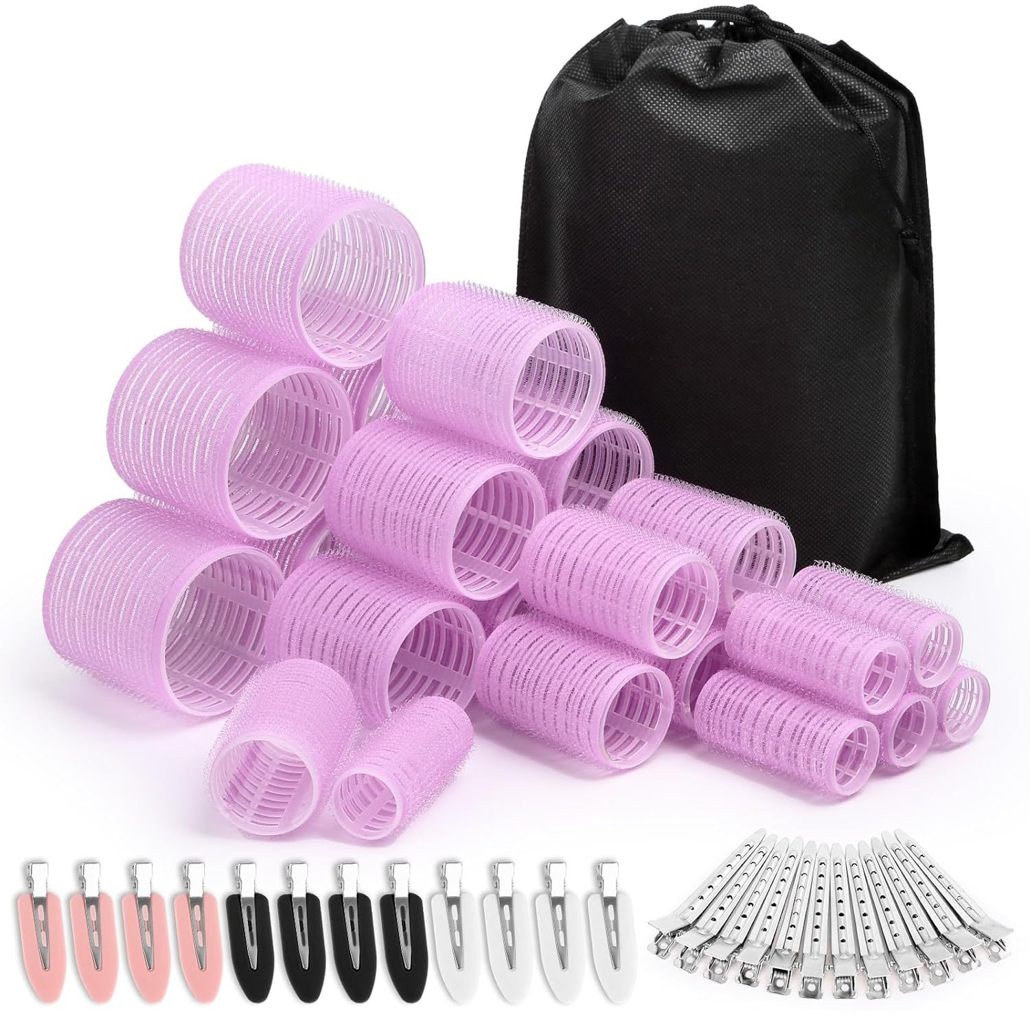 Light purple 49-Piece Pink Plastic Hair Rollers Set with Clips and Storage Bag