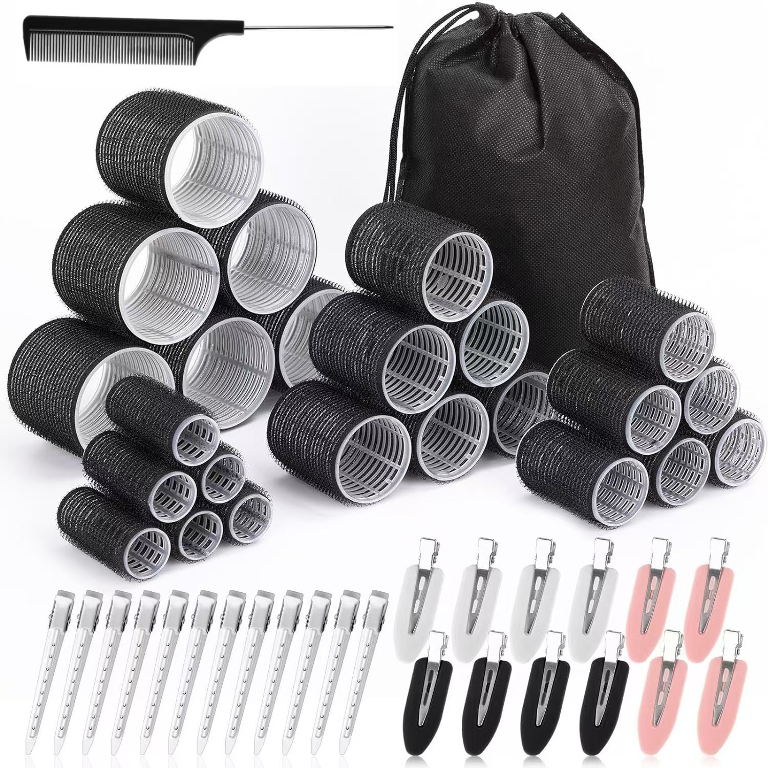 Black 50-Piece Pink Plastic Hair Rollers Set with Clips and Storage Bag for