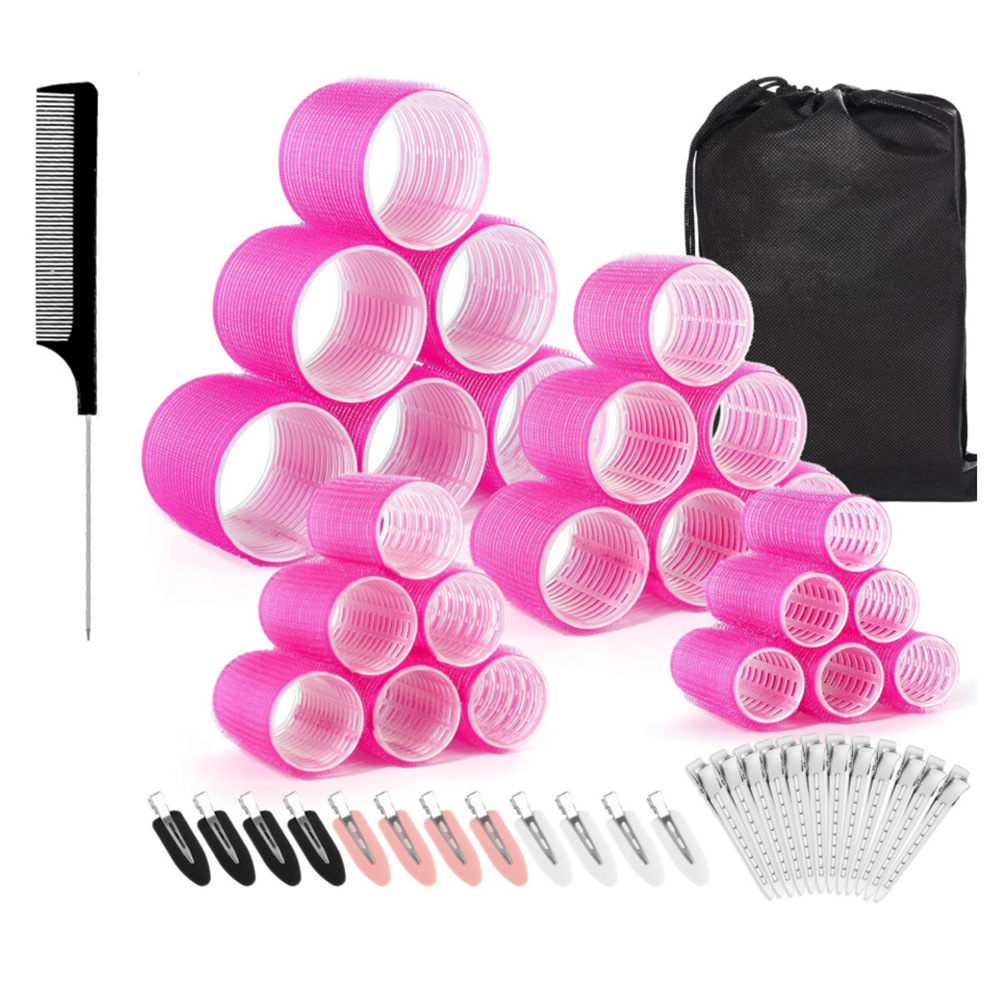 Rose red 50-Piece Pink Plastic Hair Rollers Set with Clips and Storage Bag for