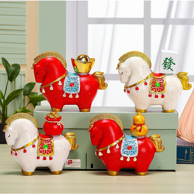 Red New Chinese Style Resin Horse Figurine with Rotating Lucky Bag – Elegant view 2