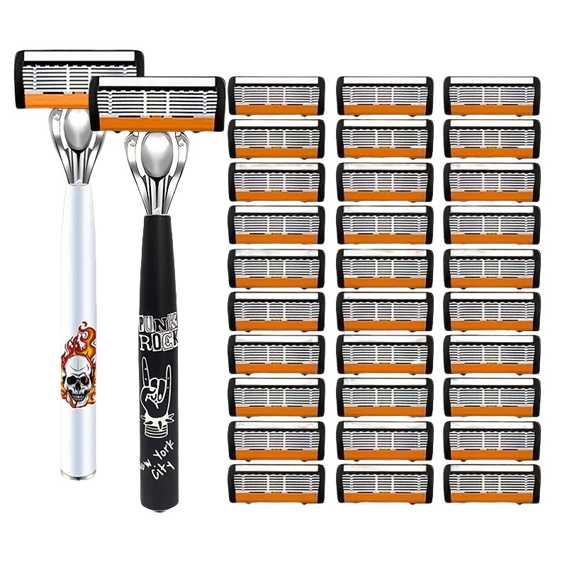 2-Pack 6-Layer Manual Razor with 30 Replacement Blades – Ultra-Close Shave for Men