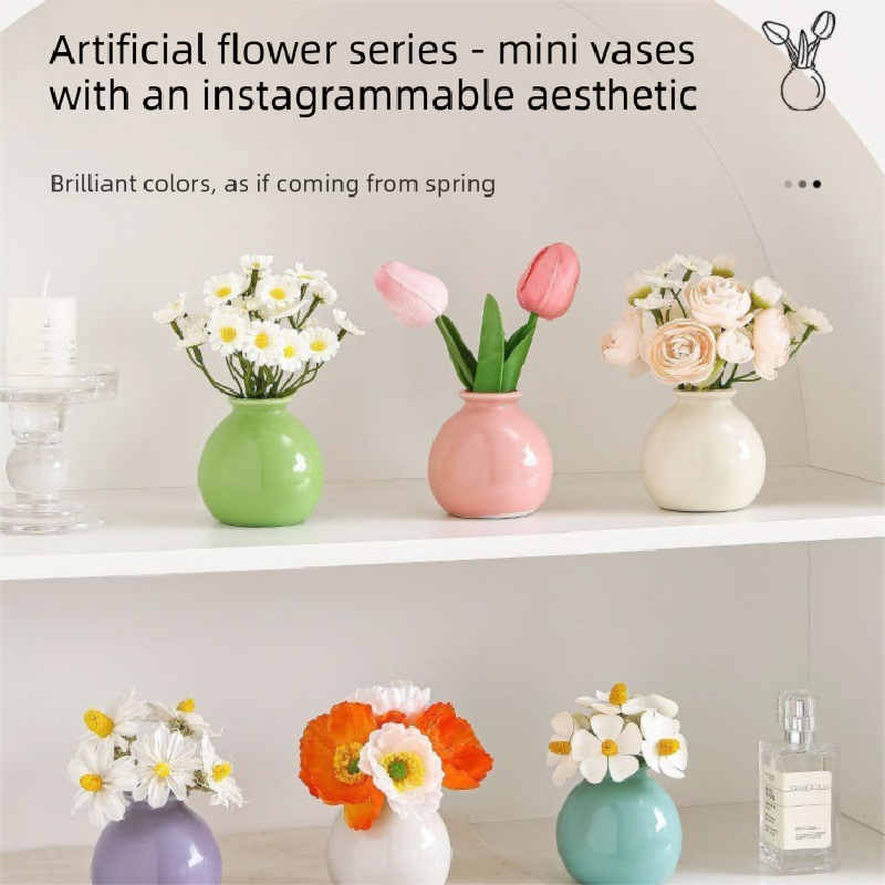 Ceramic Vase with Hydrangea Artificial Flowers Set – Mini Decorative Pot for view 4