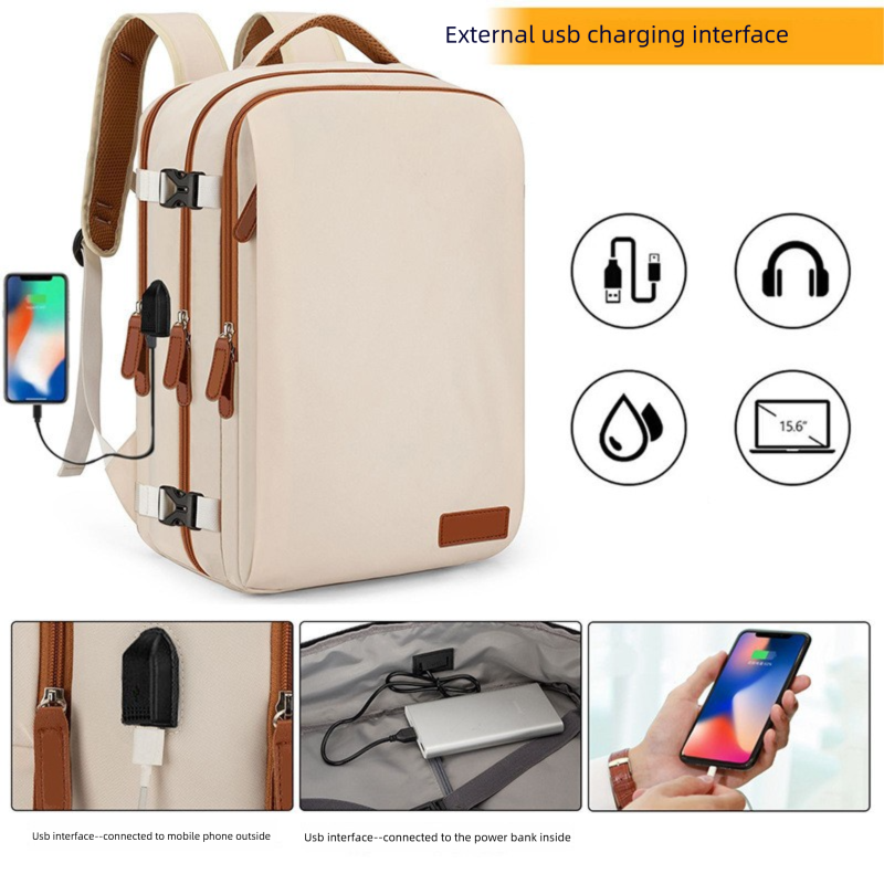 Beige Large Capacity Backpack with USB Charging Port and Waterproof Fabric for view 3
