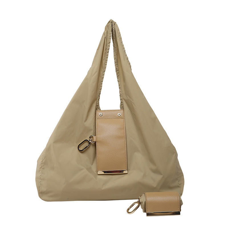 khaki Foldable Tote Bag with Built-In Storage Pouch – Compact Reusable