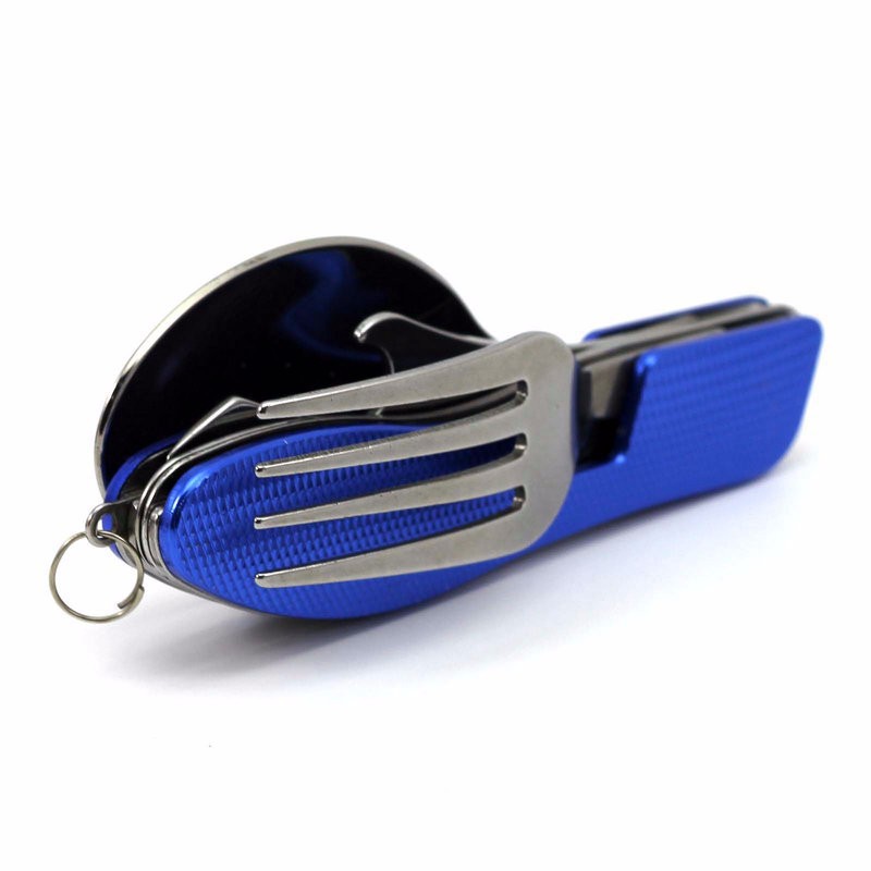 2-PCS Blue Stainless Steel Folding Cutlery Set – Compact 3-in-1 Knife