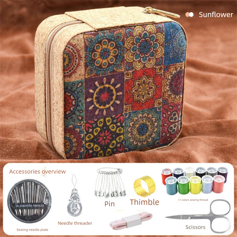 Brown Sunflower Design Portable Sewing Kit – Compact Travel Set with Needles