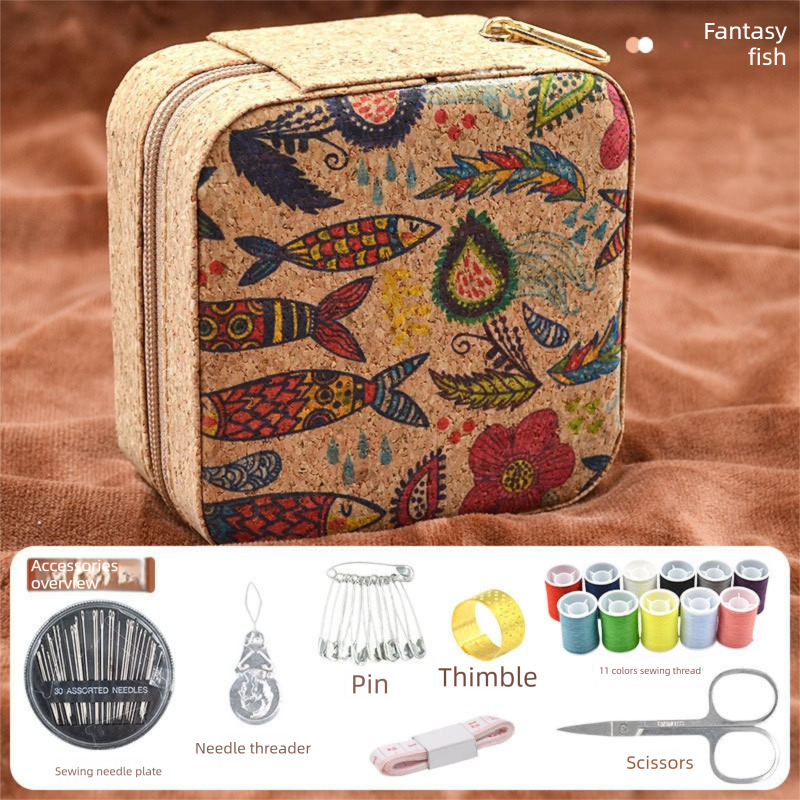 Brown Fantasy Fish Collection Portable Sewing Kit – Compact Travel Set with