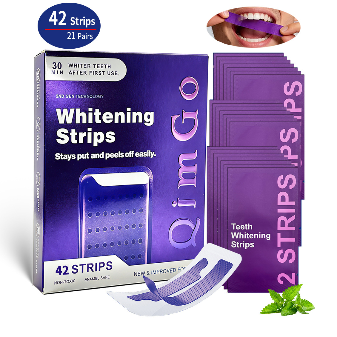 21 Pairs Purple Teeth Whitening Strips – Stain-Removing Film for Brighter Smile