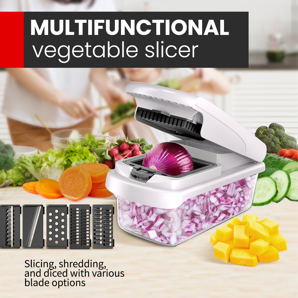 Green Multifunctional Vegetable Slicer – Manual Kitchen Cutter with Adjustable view 2