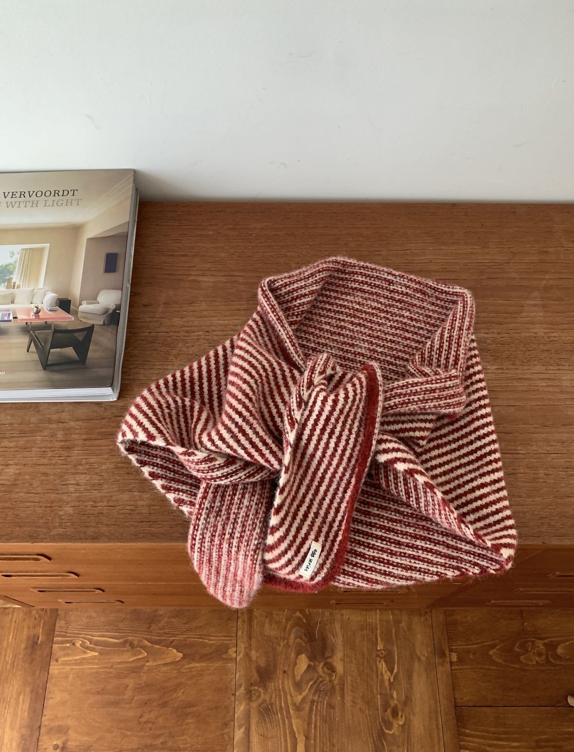Coffee Striped Wool Blend Knitted Triangle Scarf - Soft Warm Shawl Neck Wrap view 4