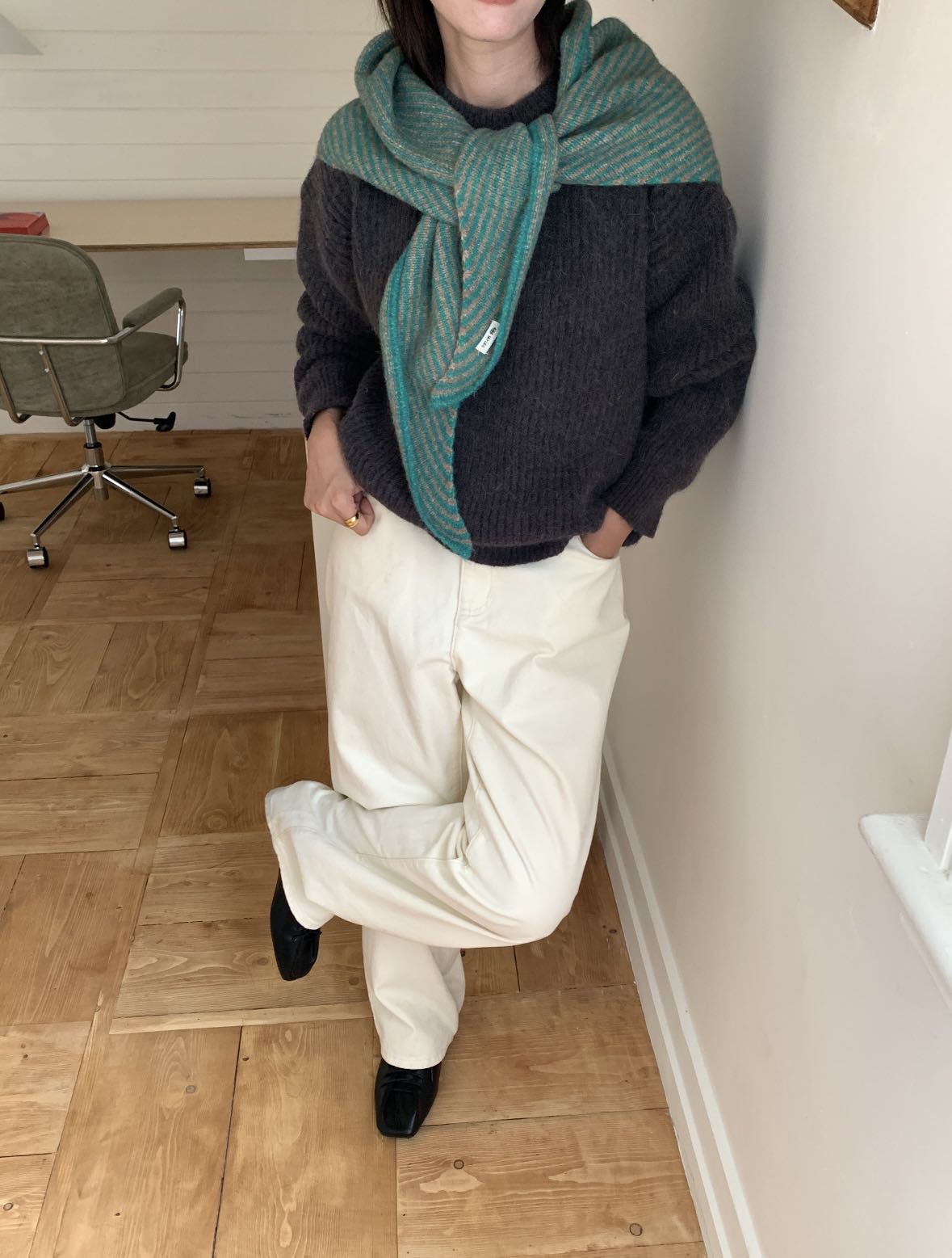 Teal Green Striped Wool Blend Knitted Triangle Scarf - Soft Warm Shawl Neck