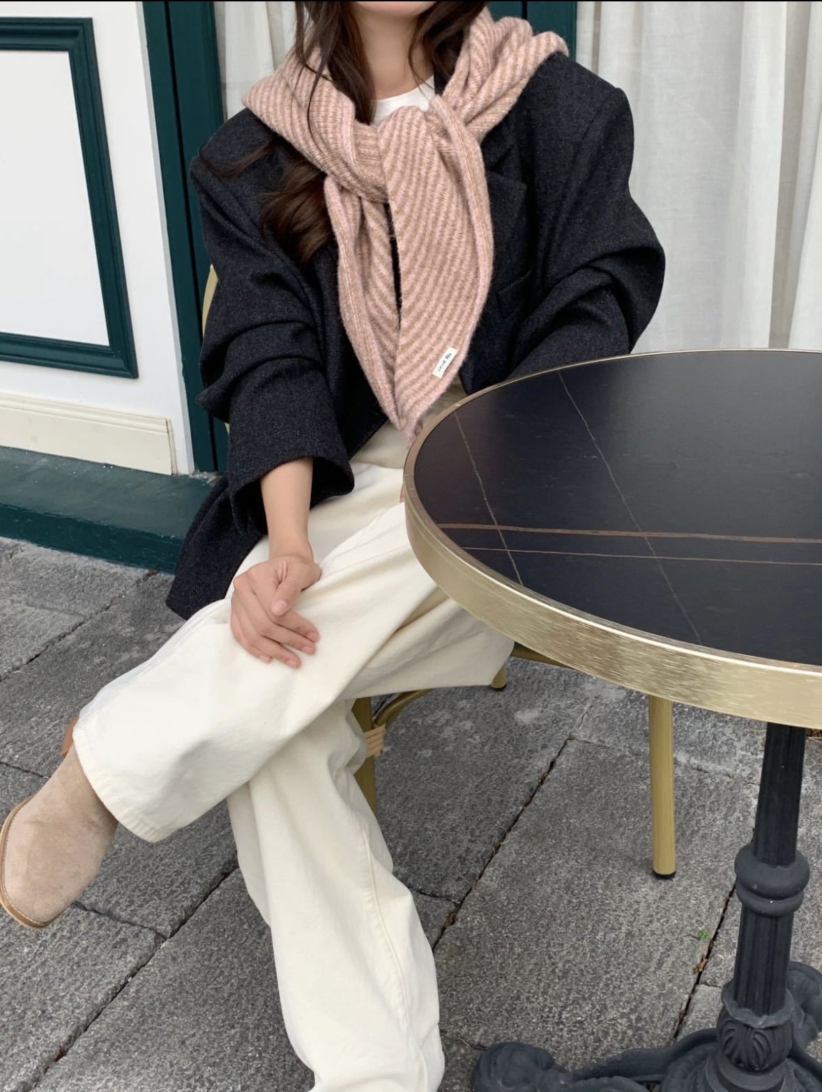 Dusty Pink Striped Wool Blend Knitted Triangle Scarf - Soft Warm Shawl Neck