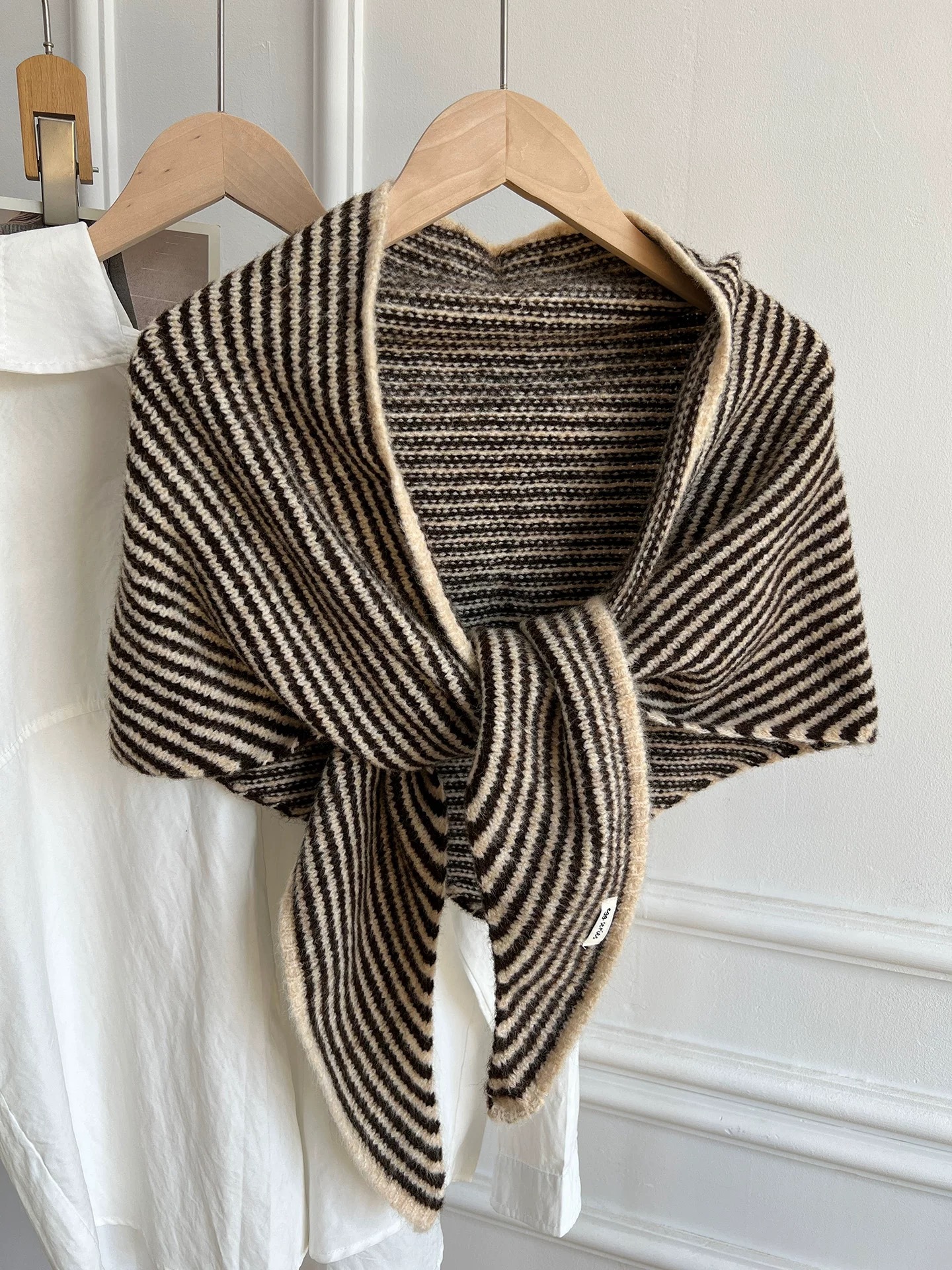 Light Khaki Striped Wool Blend Knitted Triangle Scarf - Soft Warm Shawl Neck