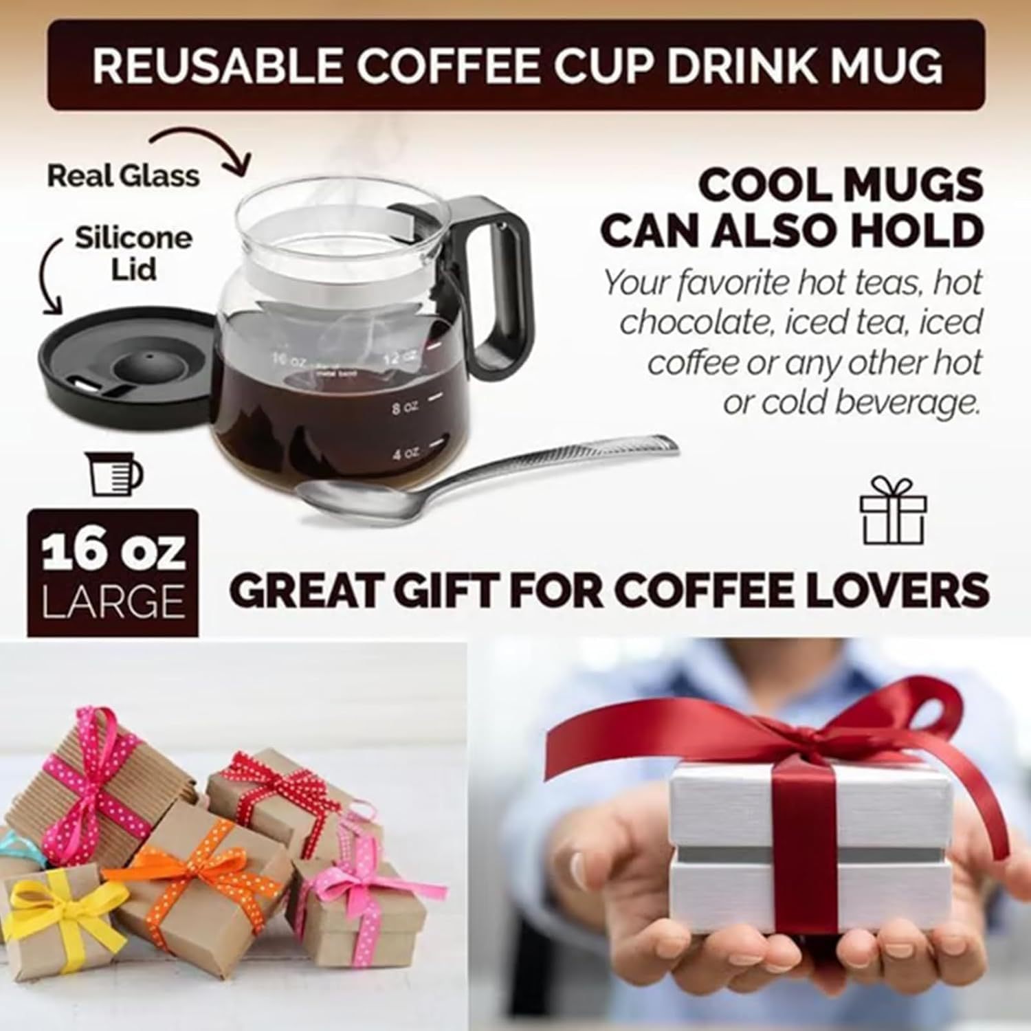 Premium 16oz Glass Coffee Mug Set with Reusable Straw and Cleaning Brush view 5