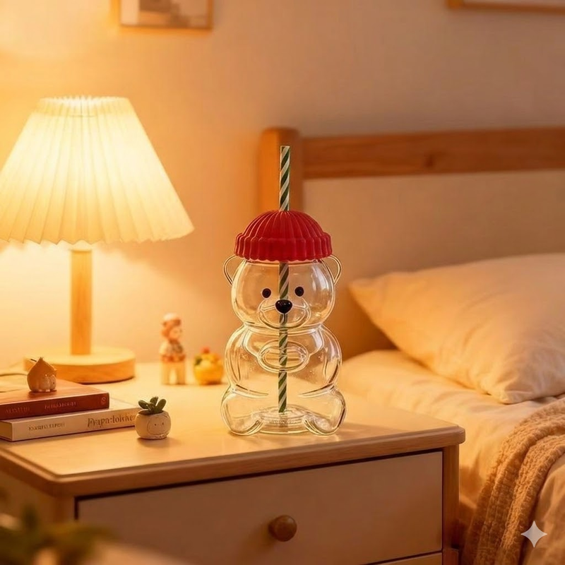 Creative Bear Shape Glass Water Bottle with Straw Cute Cartoon Coffee Cup and