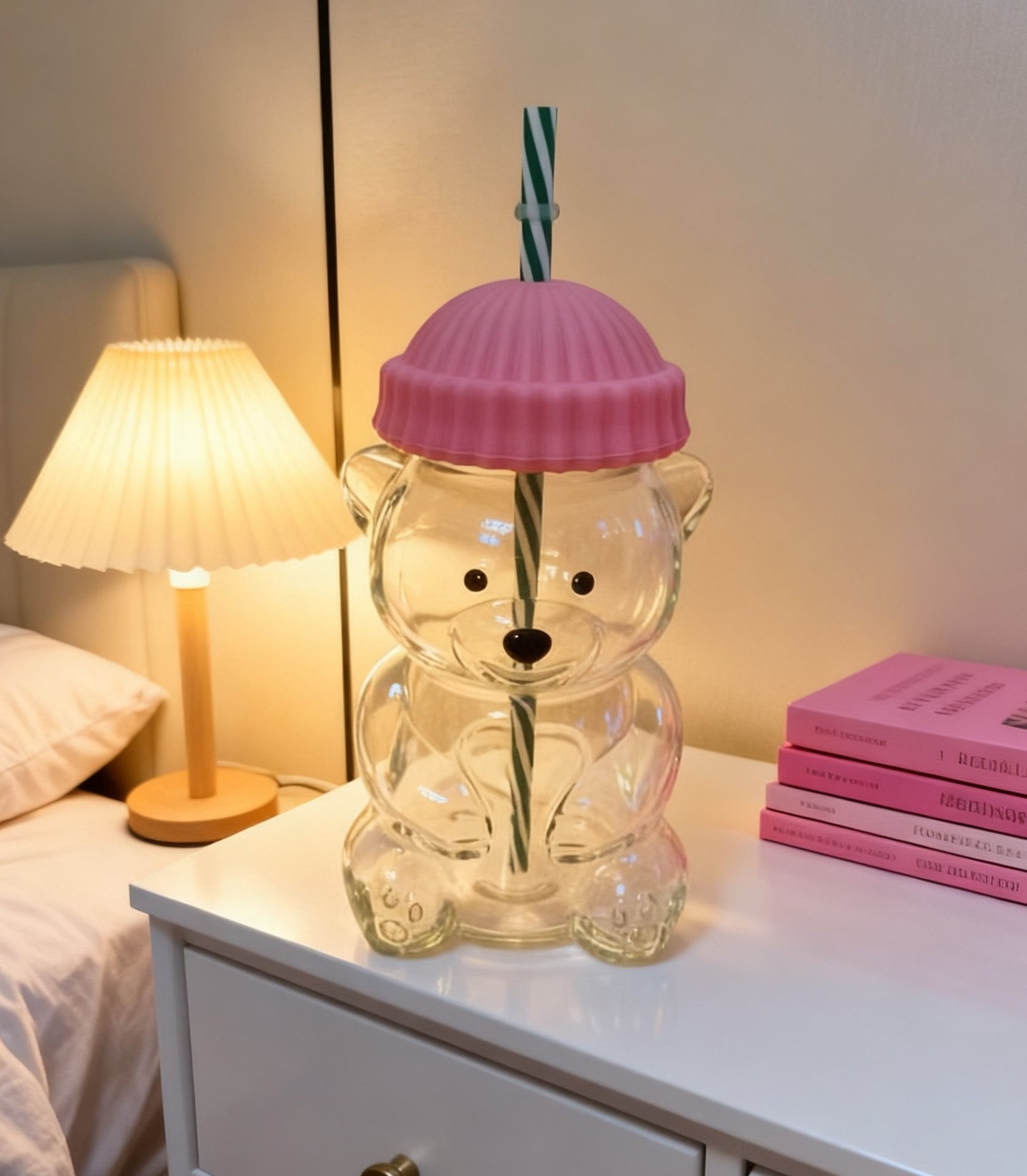 Creative Bear Shape Glass Water Bottle with Straw Cute Cartoon Coffee Cup and