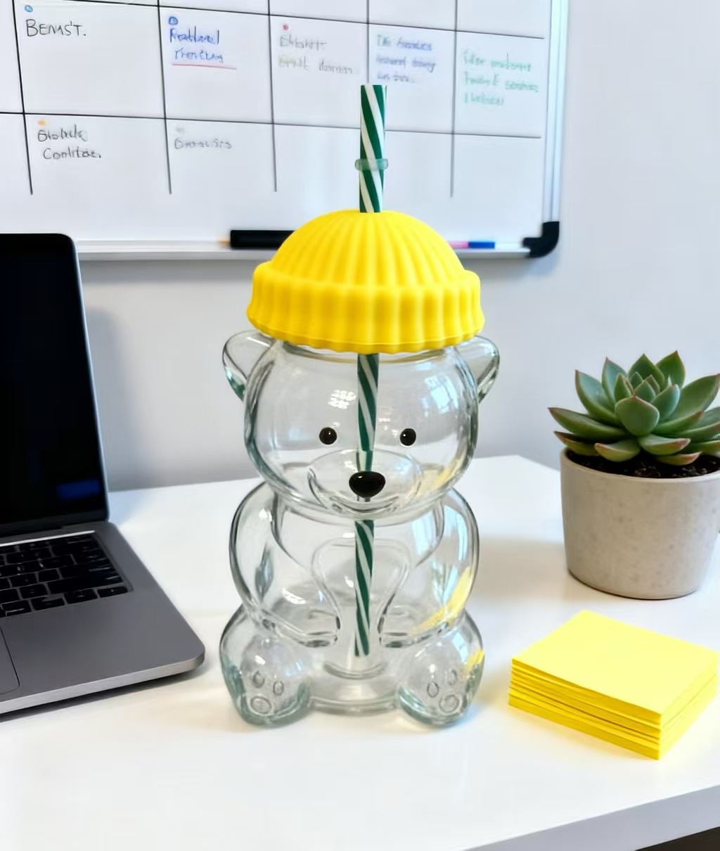 Creative Bear Shape Glass Water Bottle with Straw Cute Cartoon Coffee Cup and