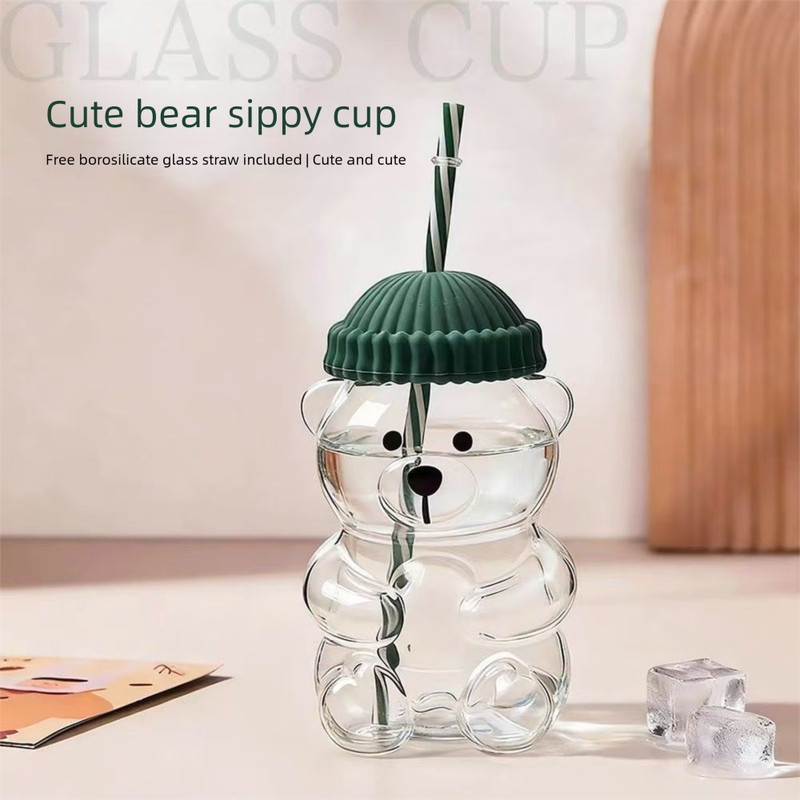 Creative Bear Shape Glass Water Bottle with Straw Cute Cartoon Coffee Cup and view 2