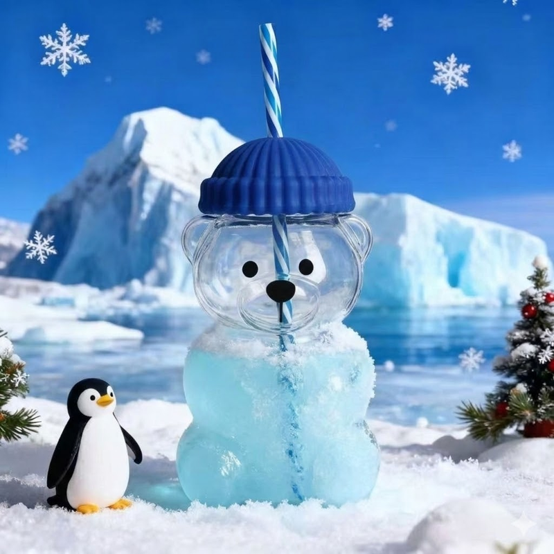 Creative Bear Shape Glass Water Bottle with Straw Cute Cartoon Coffee Cup and
