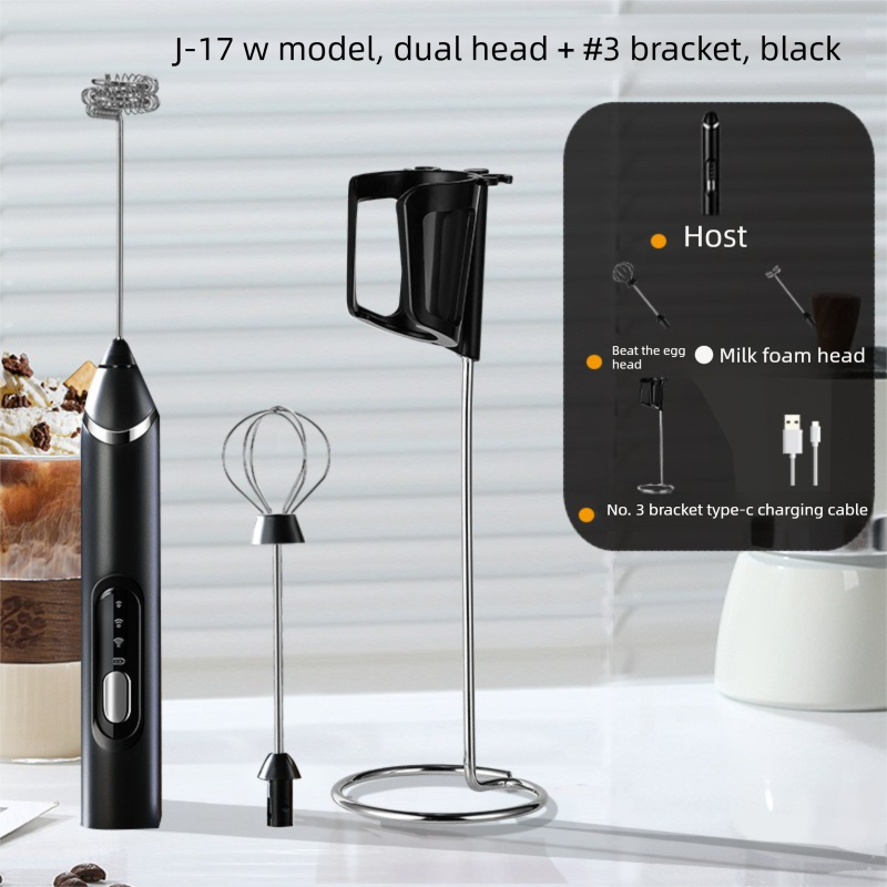 Rechargeable Electric Milk Frother with Metal Stand - Handheld Foam Maker &