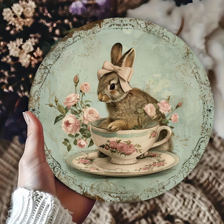Easter Wooden Door Sign & Hanging Ornament 3-Piece Set – Bowknot Teacup Bunny view 2