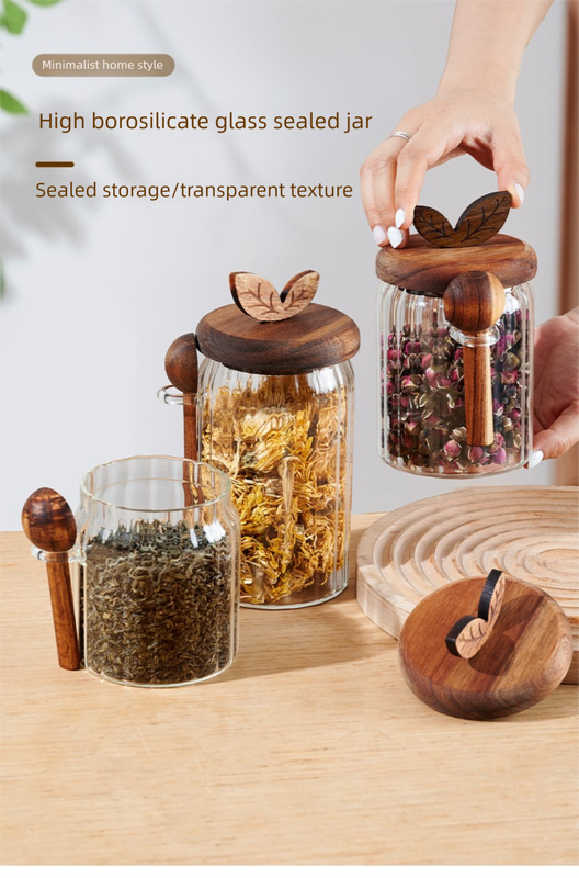 600ml Premium Borosilicate Glass Storage Jar with Acacia Wood Lid & Integrated view 2
