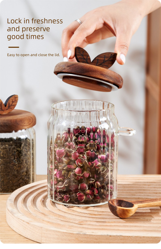 600ml Premium Borosilicate Glass Storage Jar with Acacia Wood Lid & Integrated view 3