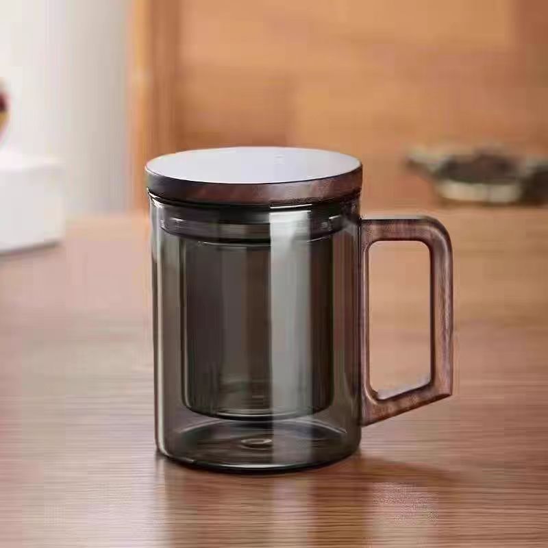 400ml Smoky Grey Borosilicate Glass Tea Mug with Infuser and Wooden Handle
