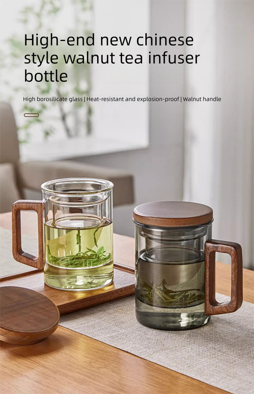 400ml Smoky Grey Borosilicate Glass Tea Mug with Infuser and Wooden Handle view 2