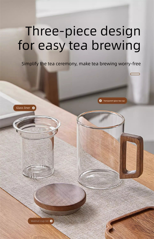 400ml Smoky Grey Borosilicate Glass Tea Mug with Infuser and Wooden Handle view 3