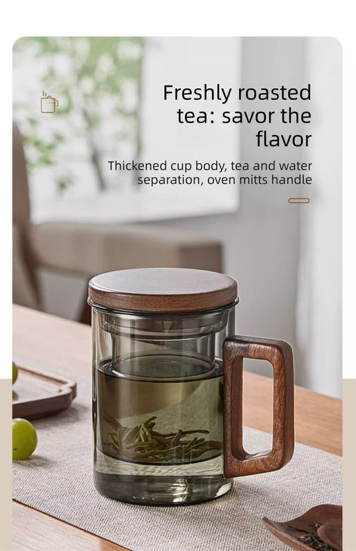400ml Smoky Grey Borosilicate Glass Tea Mug with Infuser and Wooden Handle view 4