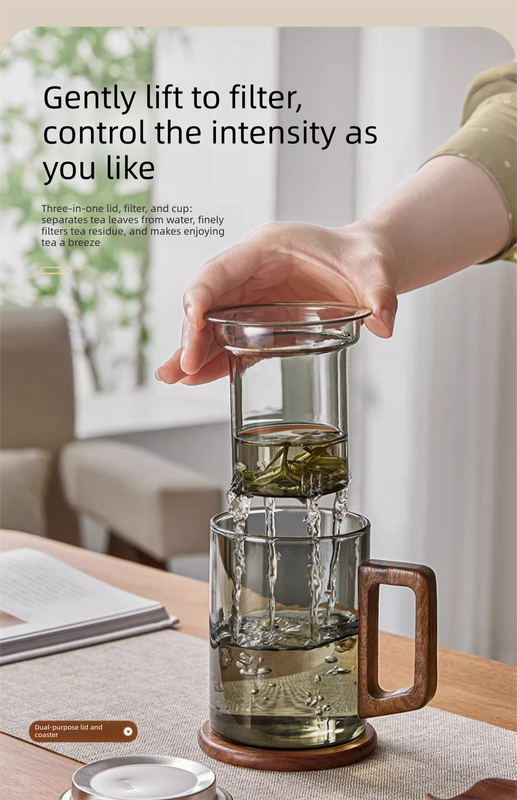 400ml Smoky Grey Borosilicate Glass Tea Mug with Infuser and Wooden Handle view 6