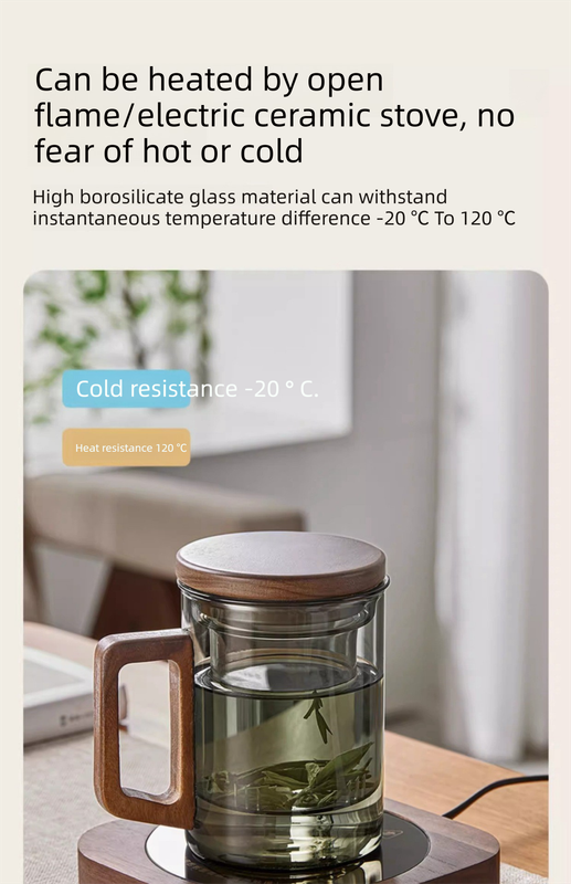 400ml Smoky Grey Borosilicate Glass Tea Mug with Infuser and Wooden Handle view 7