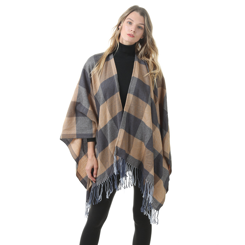 Women's Plaid Open-Front Poncho Cape – Soft Faux Cashmere Scarf Wrap with