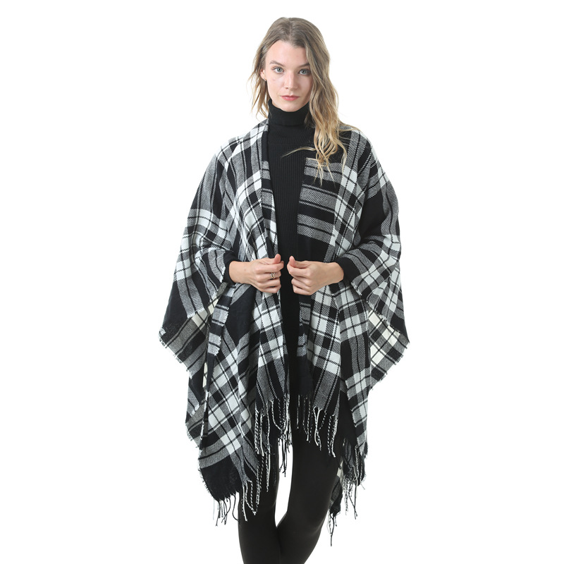 Women's Plaid Open-Front Poncho Cape – Soft Faux Cashmere Scarf Wrap with