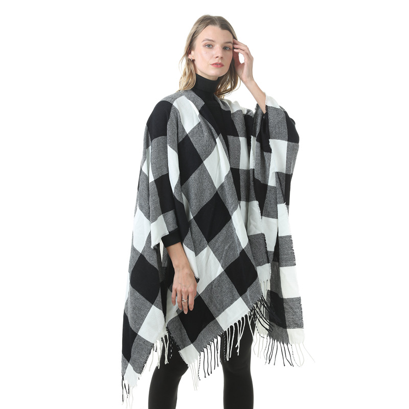 Women's Plaid Open-Front Poncho Cape – Soft Faux Cashmere Scarf Wrap with