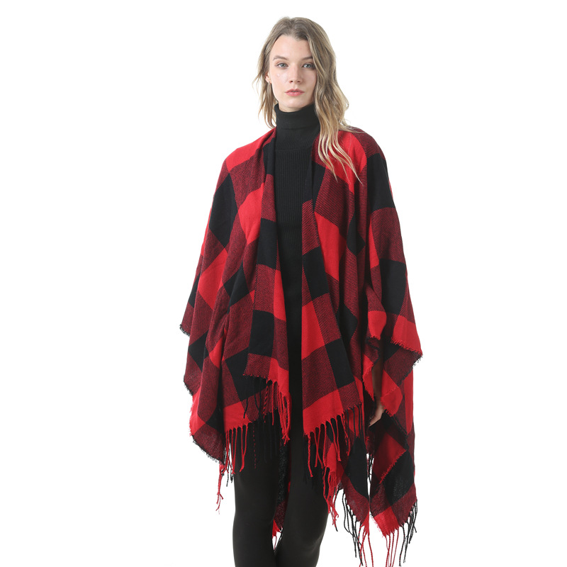 Women's Plaid Open-Front Poncho Cape – Soft Faux Cashmere Scarf Wrap with