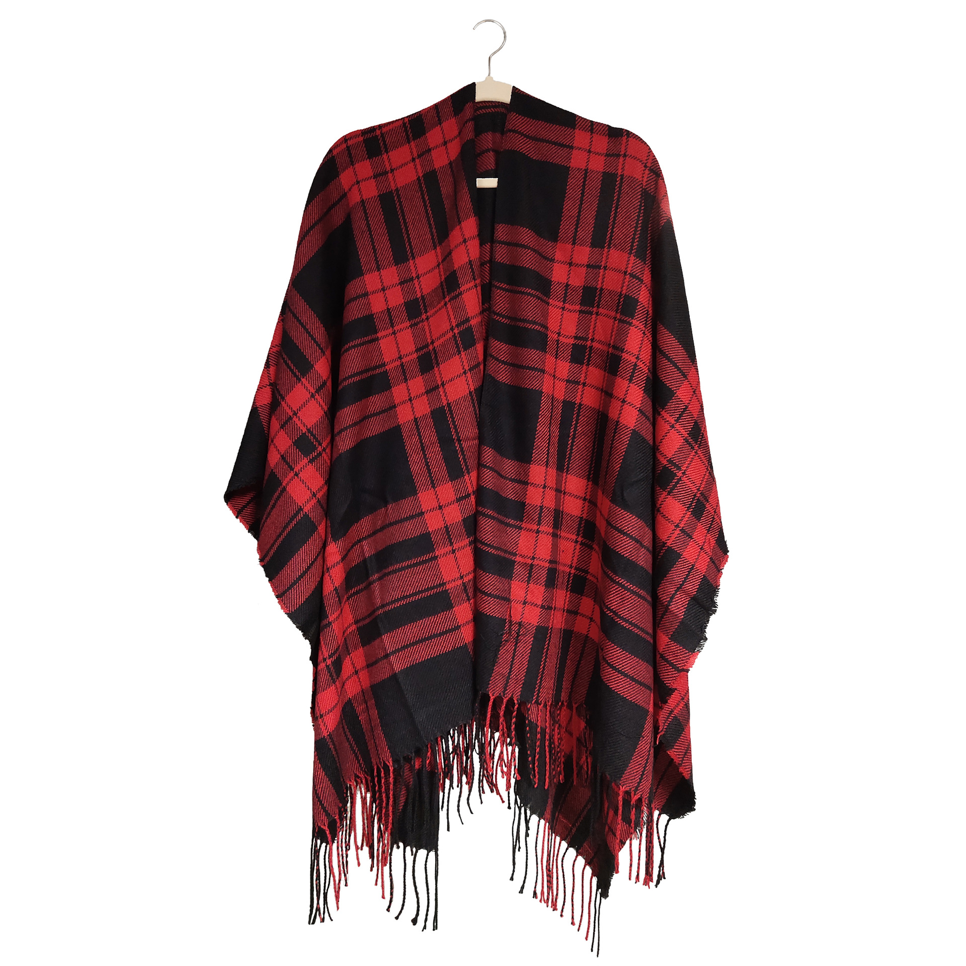 Women's Plaid Open-Front Poncho Cape – Soft Faux Cashmere Scarf Wrap with