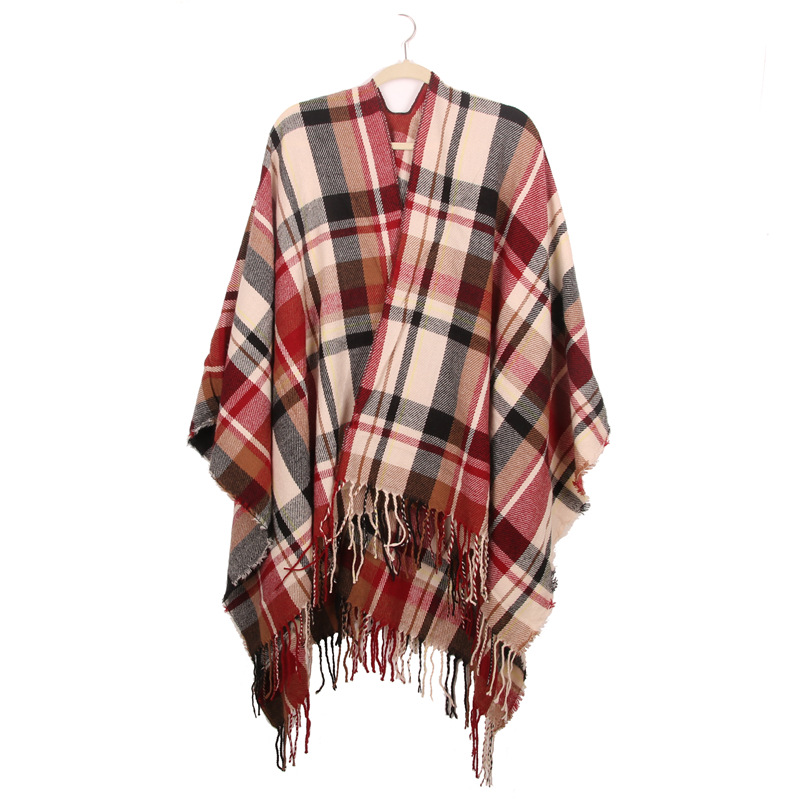 Women's Plaid Open-Front Poncho Cape – Soft Faux Cashmere Scarf Wrap with