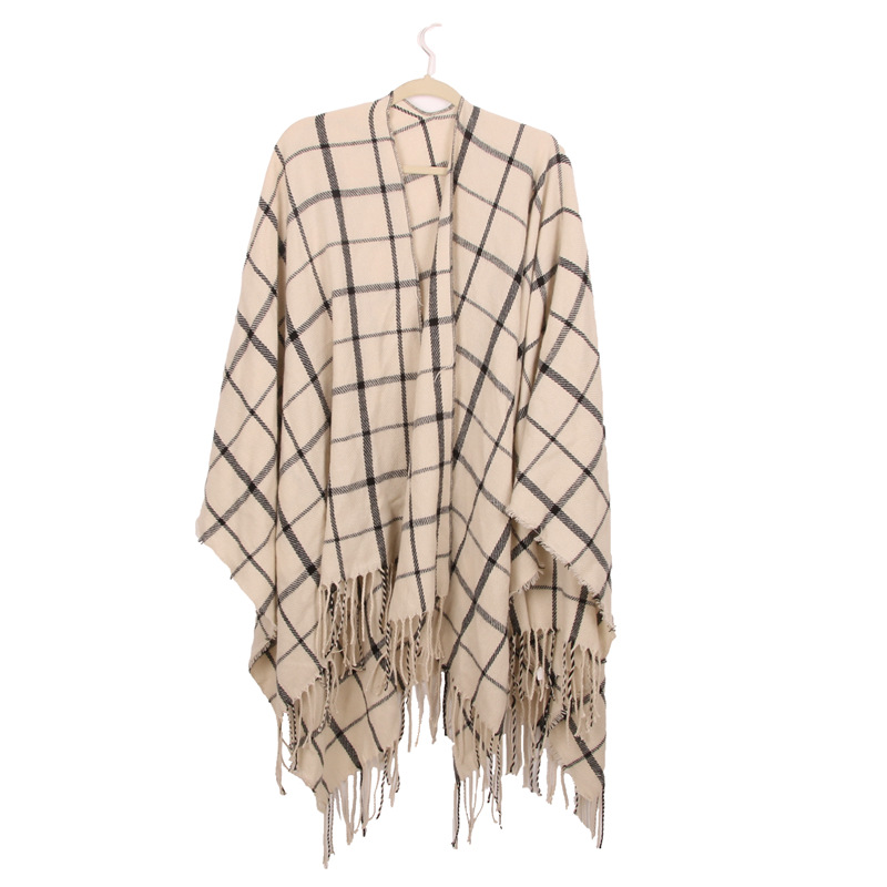 Women's Plaid Open-Front Poncho Cape – Soft Faux Cashmere Scarf Wrap with