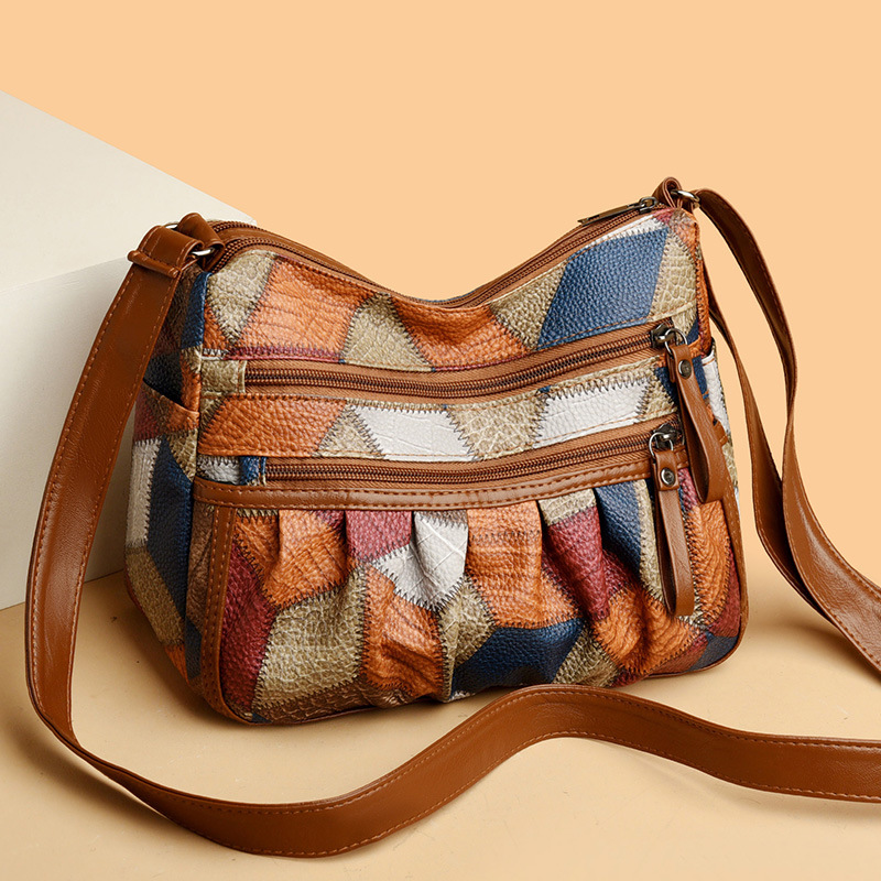 Lightweight PU Leather Pleated Shoulder Bag with Contrast Color Patchwork