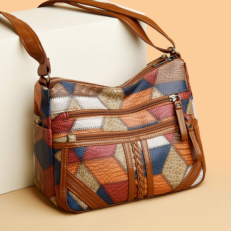 Lightweight Contrast Color Patchwork Shoulder Bag - Multi-Zipper Large
