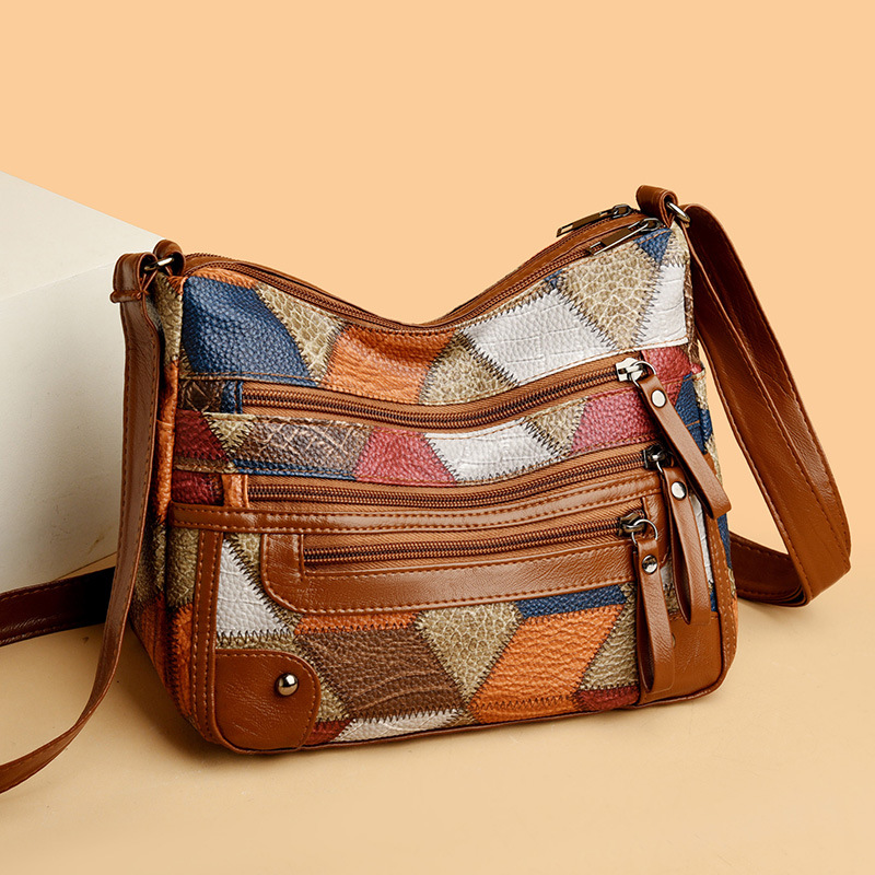 Lightweight Contrast Color Patchwork Shoulder Bag - Multi-Zipper Large