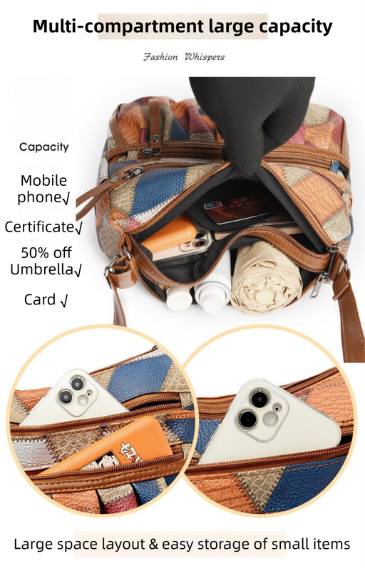 Lightweight Contrast Color Patchwork Shoulder Bag - Multi-Zipper Large view 3