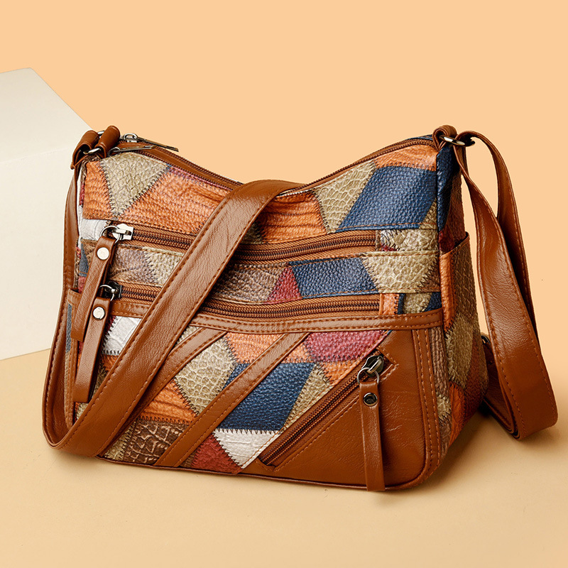 Lightweight Contrast Color Patchwork Shoulder Bag - Multi-Zipper Large