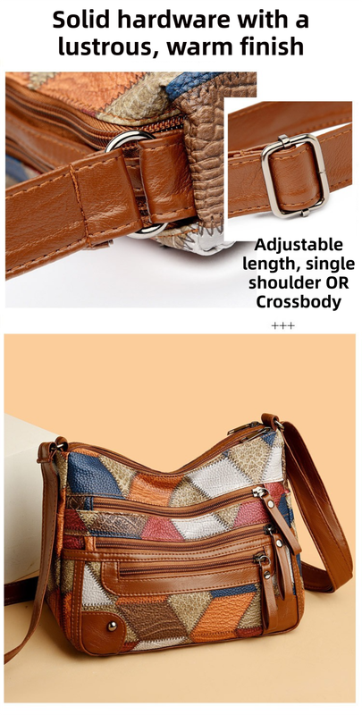 Lightweight Contrast Color Patchwork Shoulder Bag - Multi-Zipper Large view 4