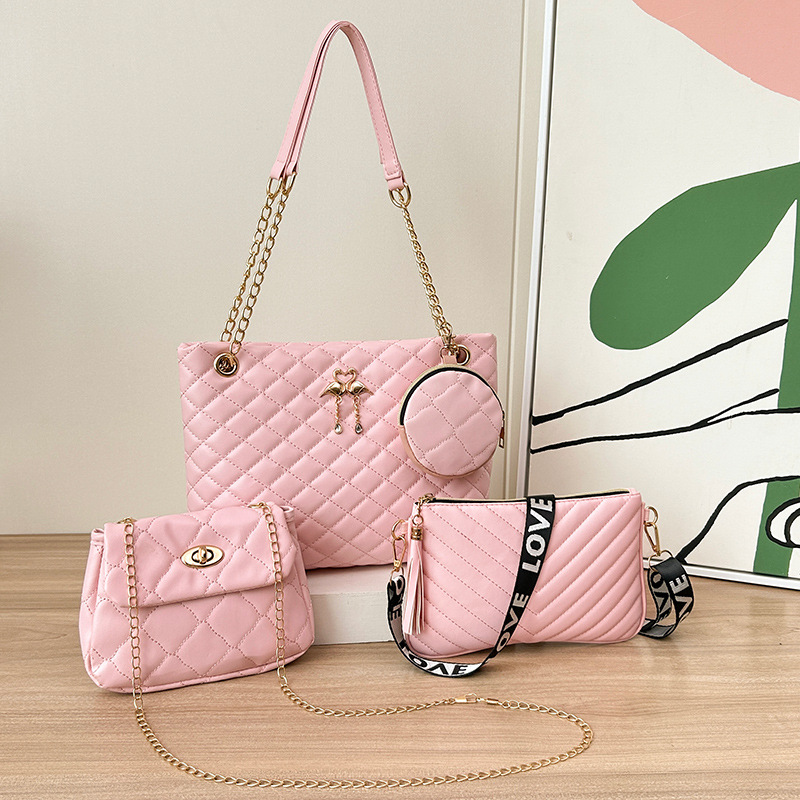 4-Piece PU Leather Rhombus Handbag Set - Large Capacity Shoulder Bag with