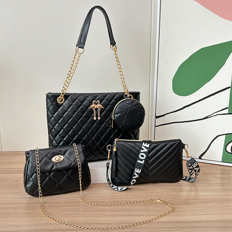 4-Piece PU Leather Rhombus Handbag Set - Large Capacity Shoulder Bag with